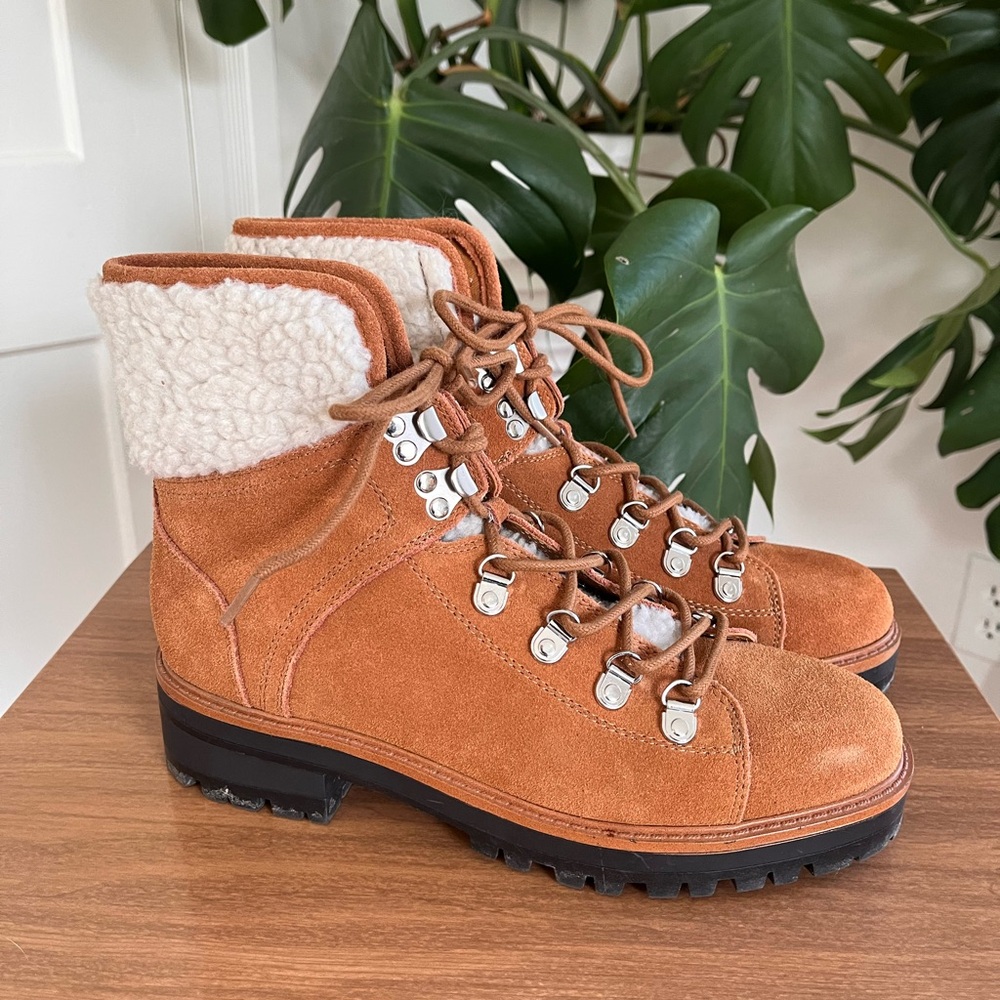 Marc Fisher Suede Hiker Boots Sherpa Lined Lace Up Lug Sole Ankle Boots Size 8.5
